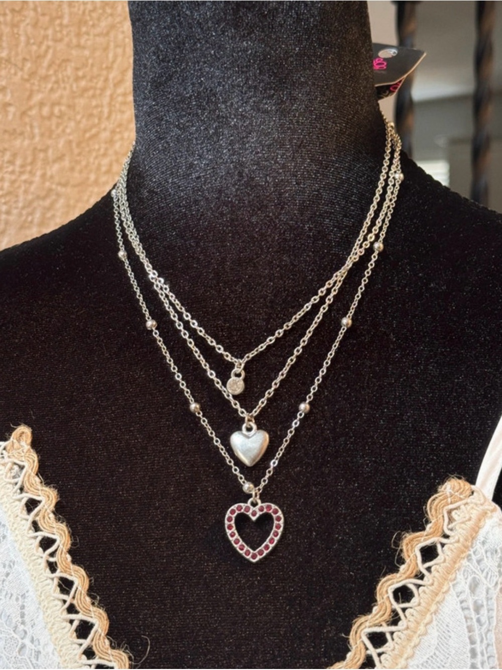 paparazzi Silver Layered Heart Necklace with Red Accent